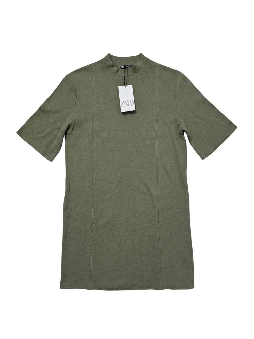 ZARA NWT Knit Mini Dress Womens Sz S Green Mock Neck Short Sleeve Shift Ribbed